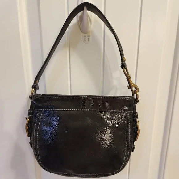 Coach Signature Zoe Black Patent Leather handbag with Deep Orchid lining - Picture 2 of 11